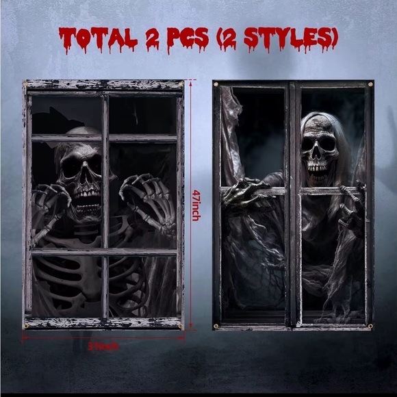 Other - 2PCS Skeleton Halloween Window Posters Horror Decoration Haunted House Props